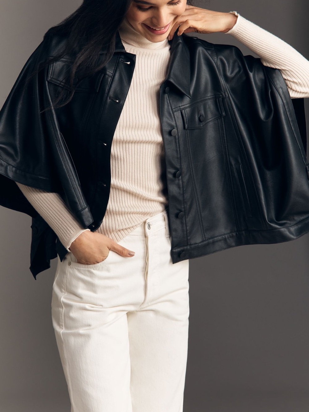 Anthropologie Faux Leather Cape Jacket Pilcro Weston Boyfriend Cape New Black - Picture 4 of 12